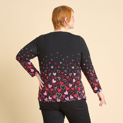 Christopher & Banks Women's Heart Print Jewel Neck Long Sleeve Tee