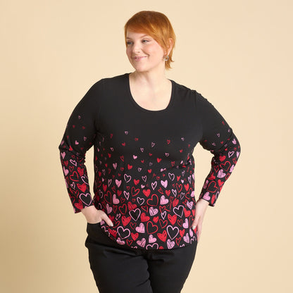 Christopher & Banks Women's Heart Print Jewel Neck Long Sleeve Tee
