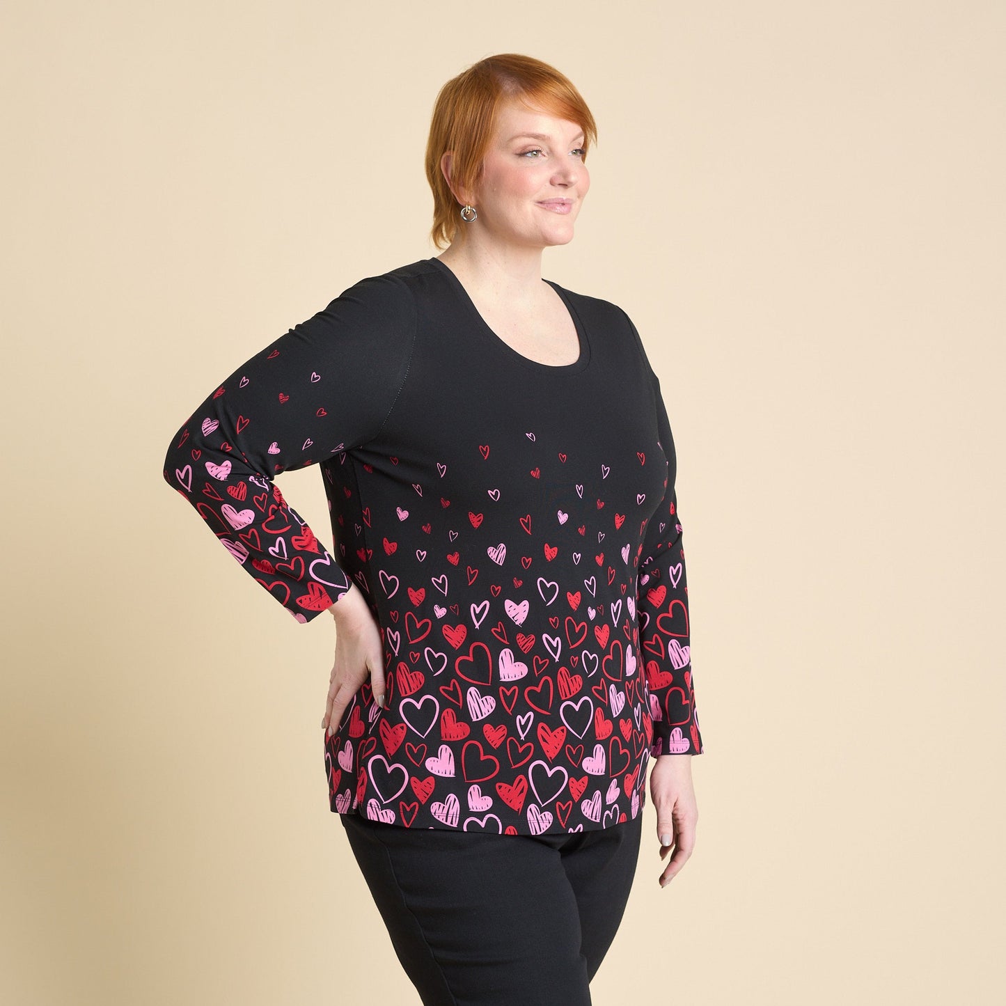 Christopher & Banks Women's Heart Print Jewel Neck Long Sleeve Tee