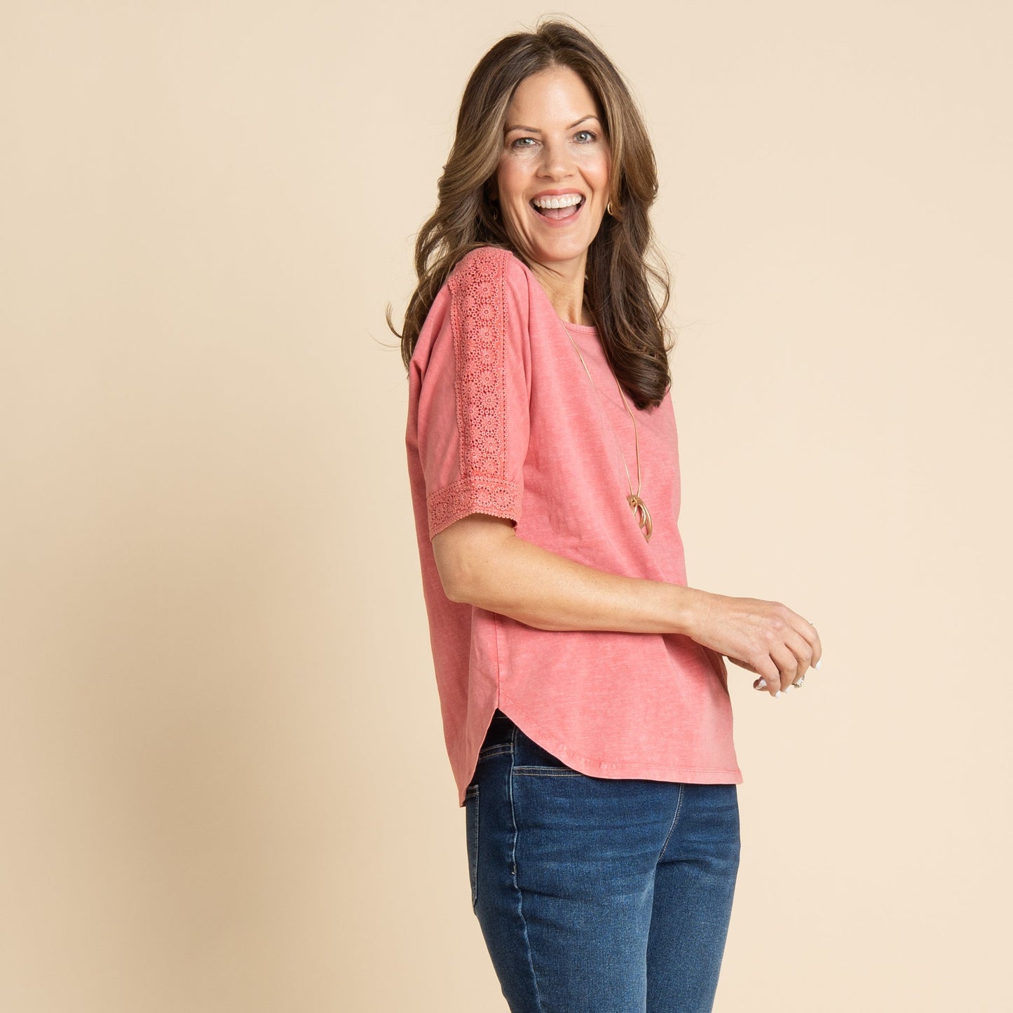 Christopher & Banks Women's Crochet Detail Dolman Elbow Sleeve Tee