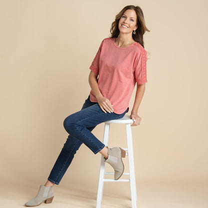 Christopher & Banks Women's Crochet Detail Dolman Elbow Sleeve Tee