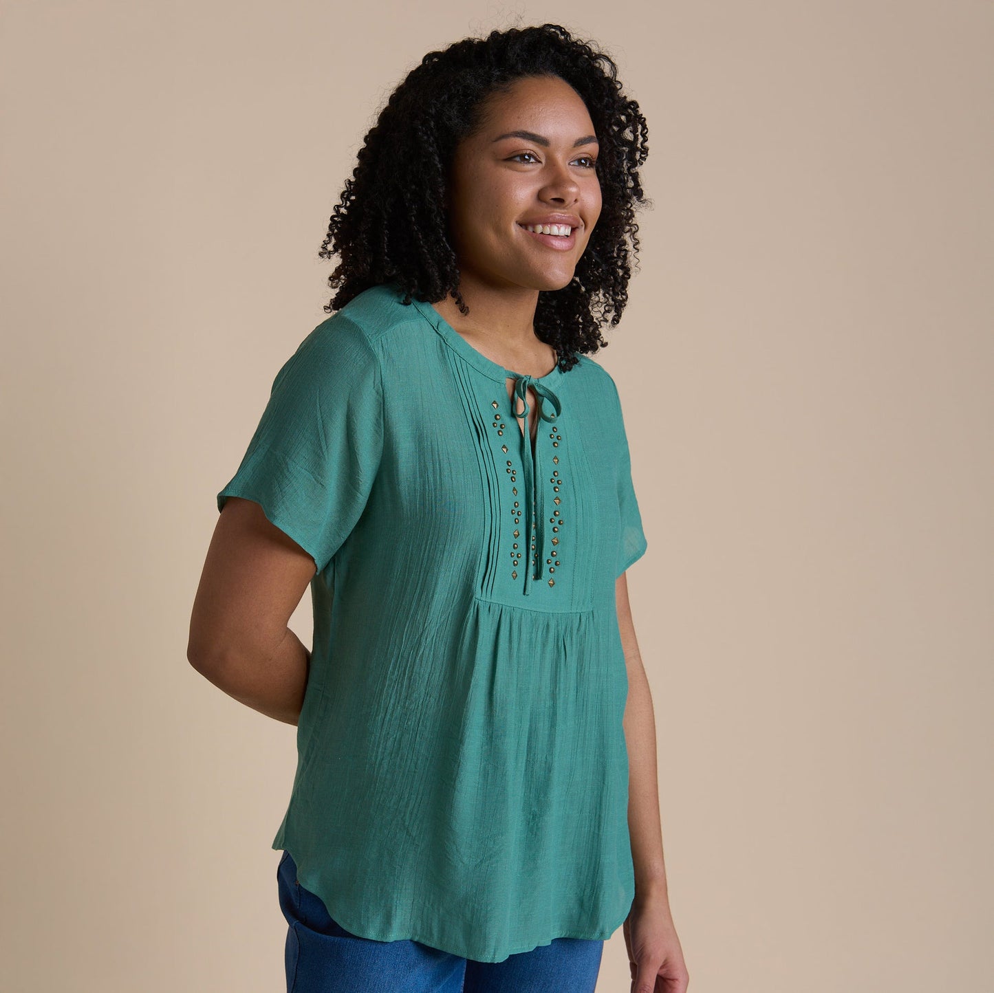 Christopher & Banks Women's Studded Tie Neck Short Sleeve Blouse