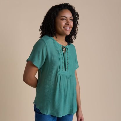 Christopher & Banks Women's Studded Tie Neck Short Sleeve Blouse