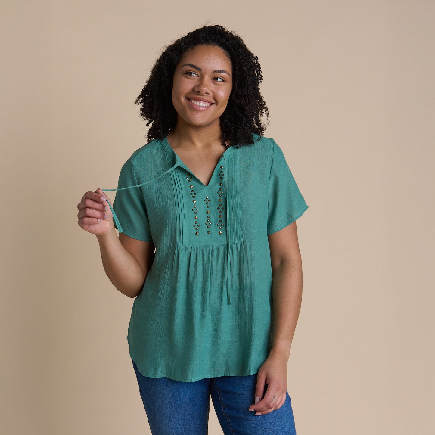 Christopher & Banks Women's Studded Tie Neck Short Sleeve Blouse