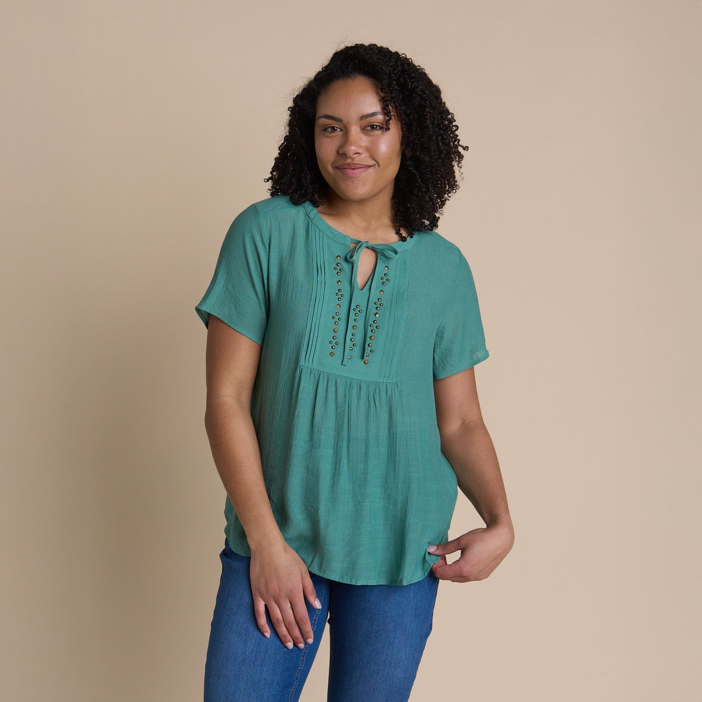 Christopher & Banks Women's Studded Tie Neck Short Sleeve Blouse