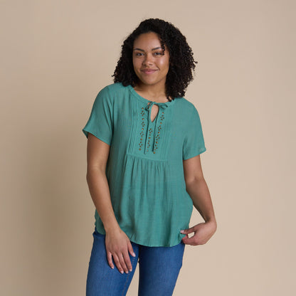 Christopher & Banks Women's Studded Tie Neck Short Sleeve Blouse