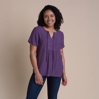 Christopher & Banks Women's Studded Tie Neck Short Sleeve Blouse