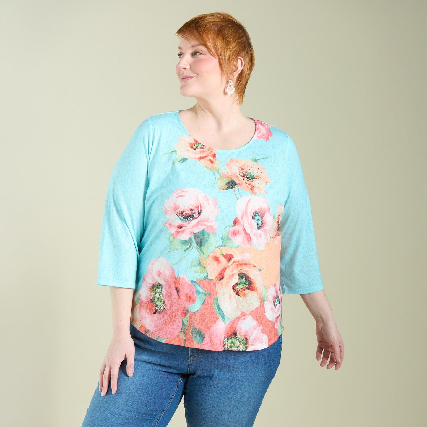 Christopher & Banks Women's Placed Floral Print Embellished Burnout Tee
