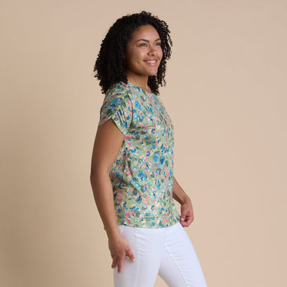 Christopher & Banks Women's Abstract Print Shirred Shoulder Jewel Neck Tee