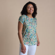 Christopher & Banks Women's Abstract Print Shirred Shoulder Jewel Neck Tee