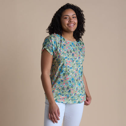 Christopher & Banks Women's Abstract Print Shirred Shoulder Jewel Neck Tee