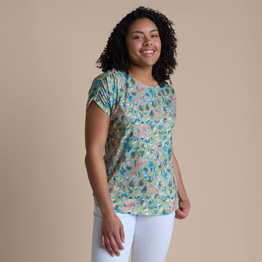 Christopher & Banks Women's Abstract Print Shirred Shoulder Jewel Neck Tee