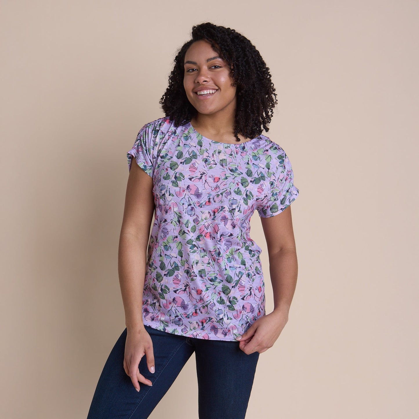 Christopher & Banks Women's Abstract Print Shirred Shoulder Jewel Neck Tee