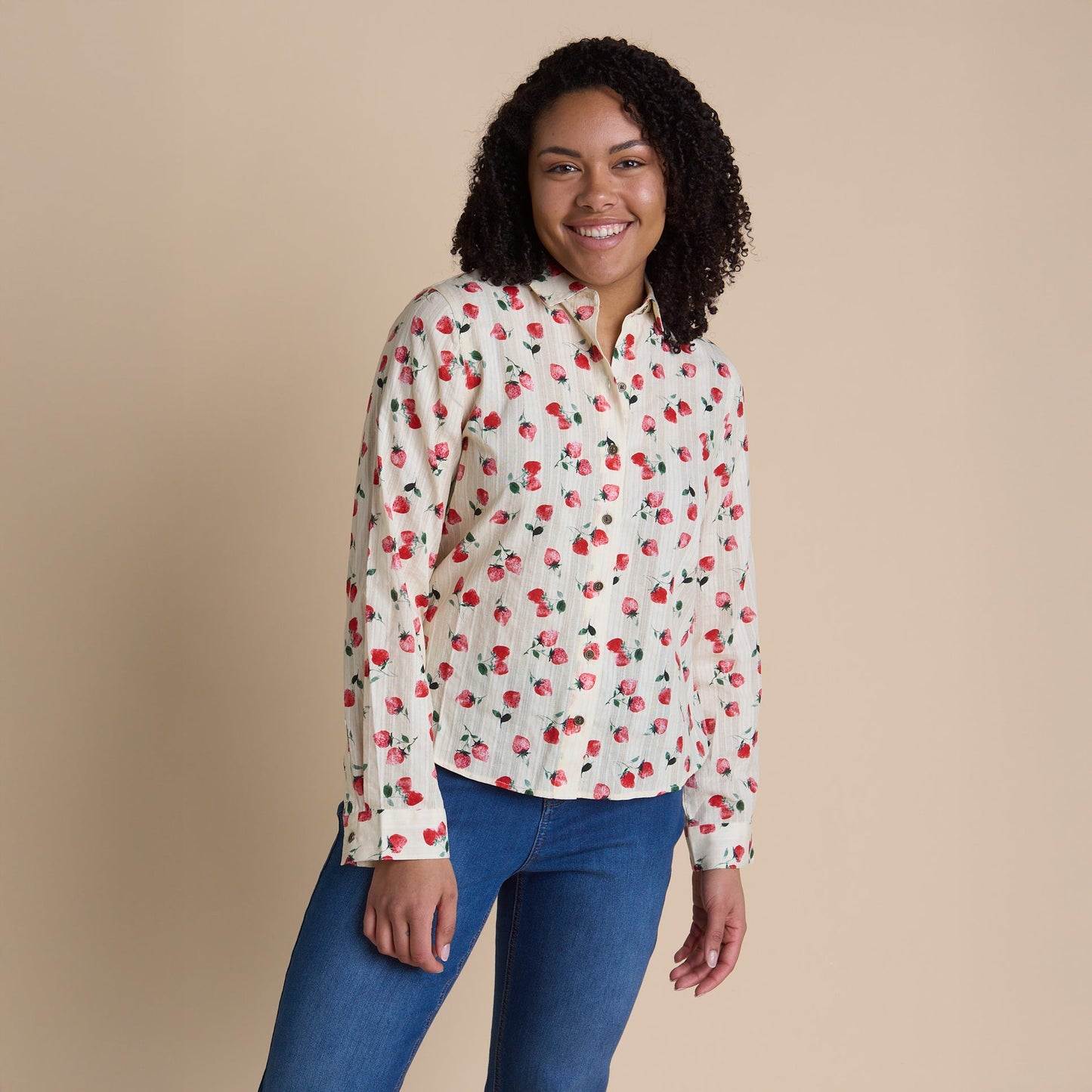 Christopher & Banks Women's Strawberry Print Textured Button Front Shirt