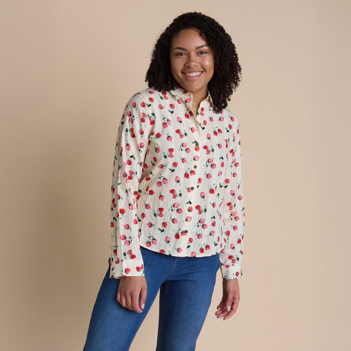 Christopher & Banks Women's Strawberry Print Textured Button Front Shirt