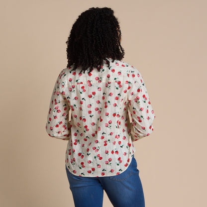Christopher & Banks Women's Strawberry Print Textured Button Front Shirt