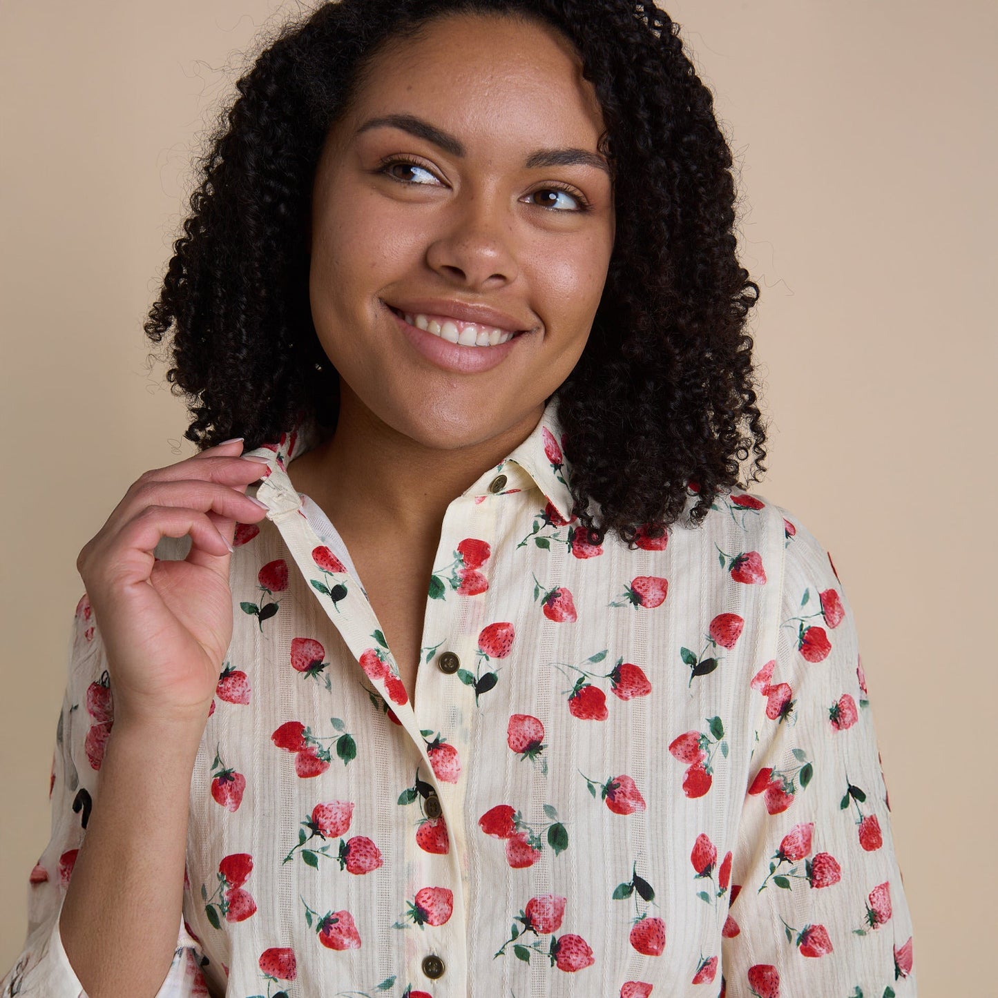 Christopher & Banks Women's Strawberry Print Textured Button Front Shirt
