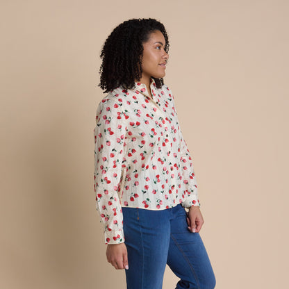 Christopher & Banks Women's Strawberry Print Textured Button Front Shirt