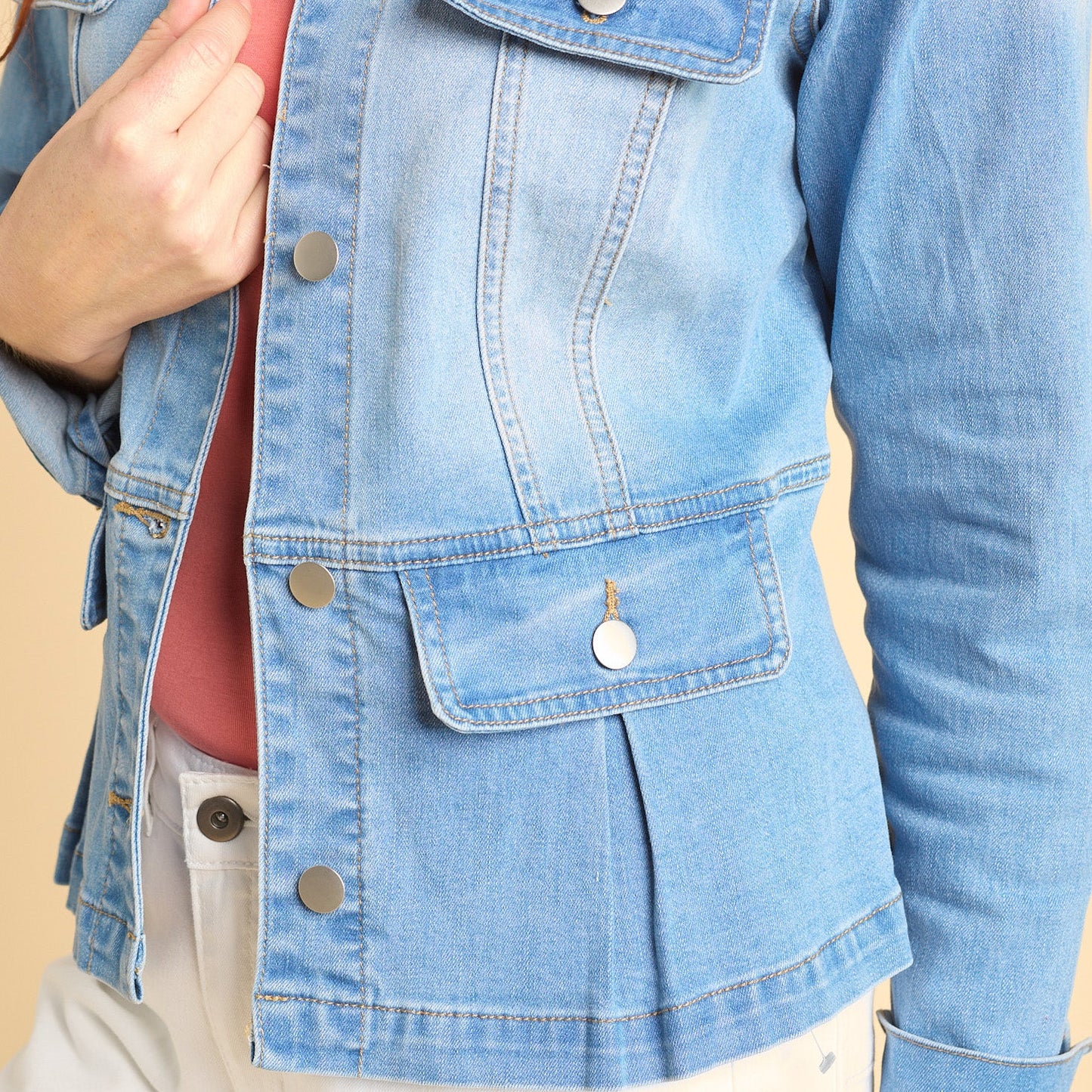 Christopher & Banks Women's Pleated Peplum Button Front Denim Jacket