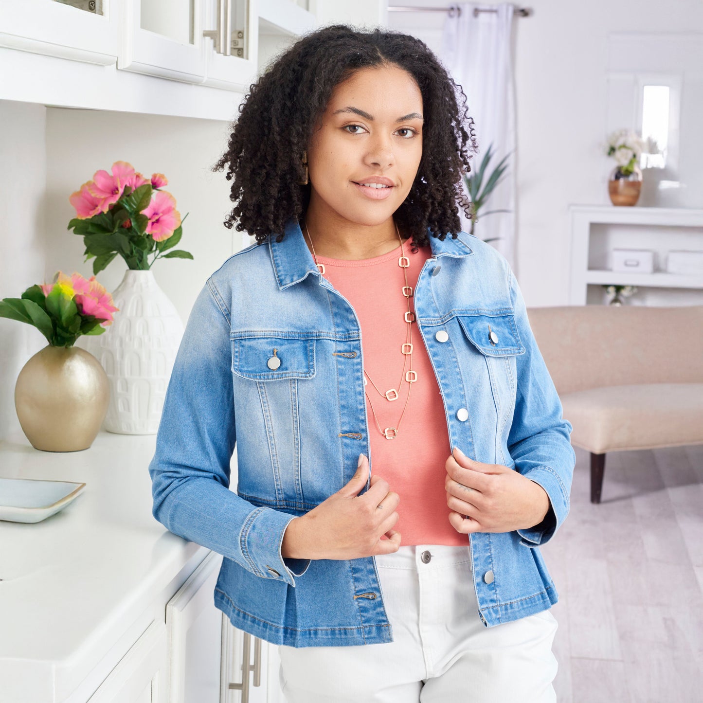 Christopher & Banks Women's Pleated Peplum Button Front Denim Jacket