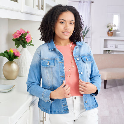 Christopher & Banks Women's Pleated Peplum Button Front Denim Jacket