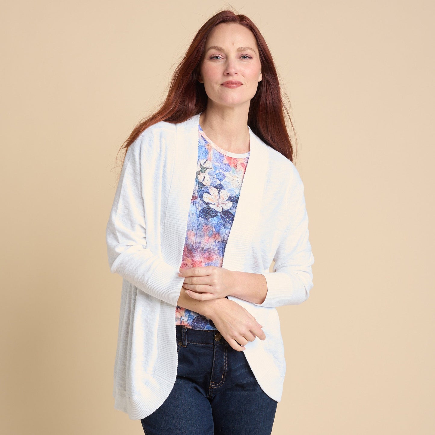 Christopher & Banks Women's Slub Knit Curved Hem Long Sleeve Cardigan