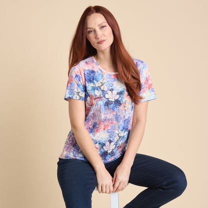 Christopher & Banks Women's Floral Printed Embellished Burnout Short Sleeve Tee
