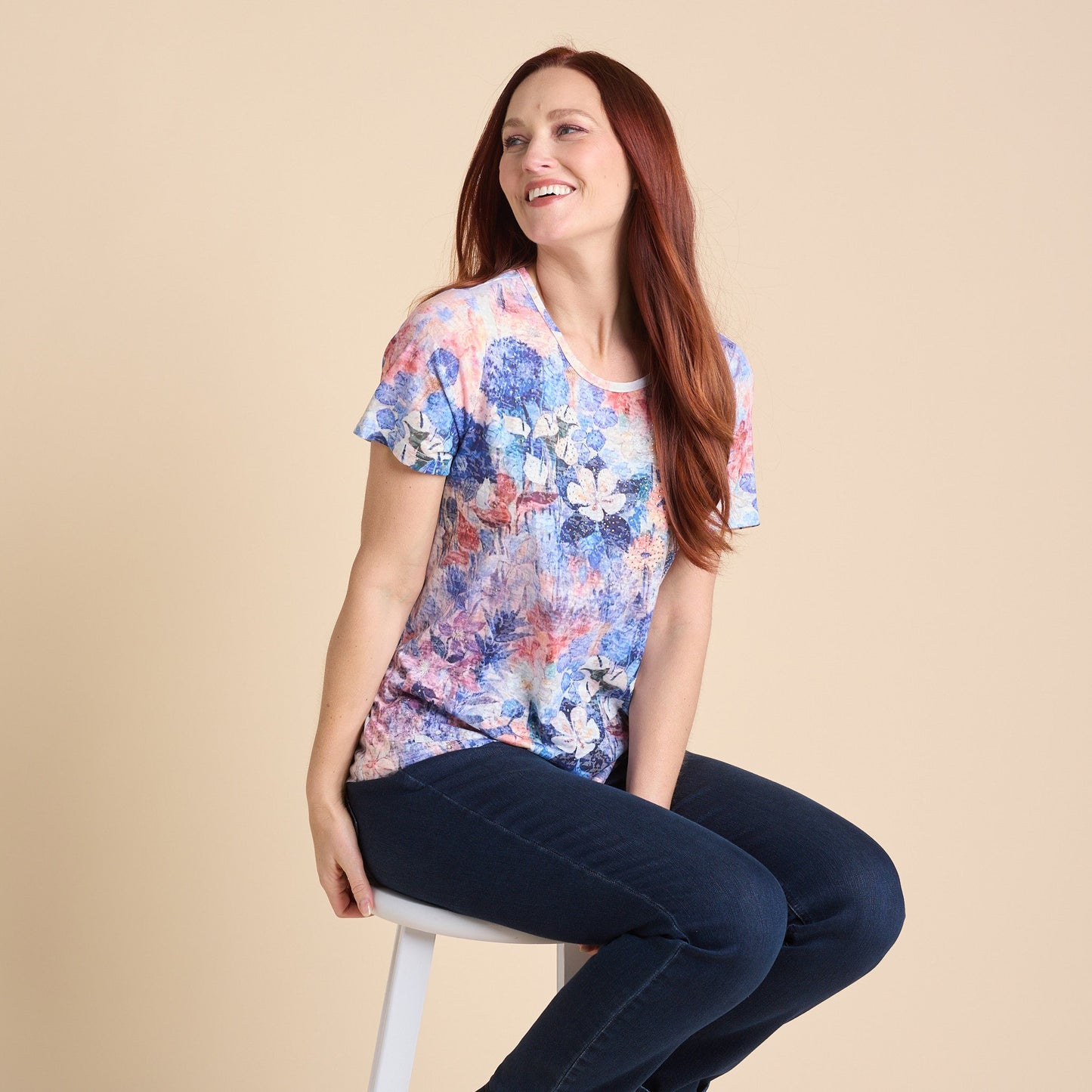 Christopher & Banks Women's Floral Printed Embellished Burnout Short Sleeve Tee