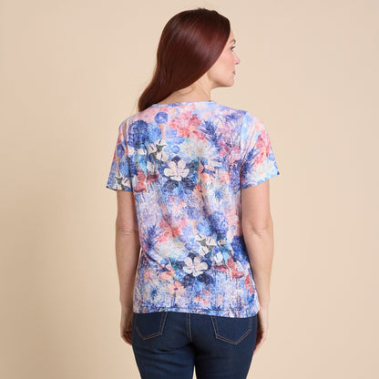 Christopher & Banks Women's Floral Printed Embellished Burnout Short Sleeve Tee