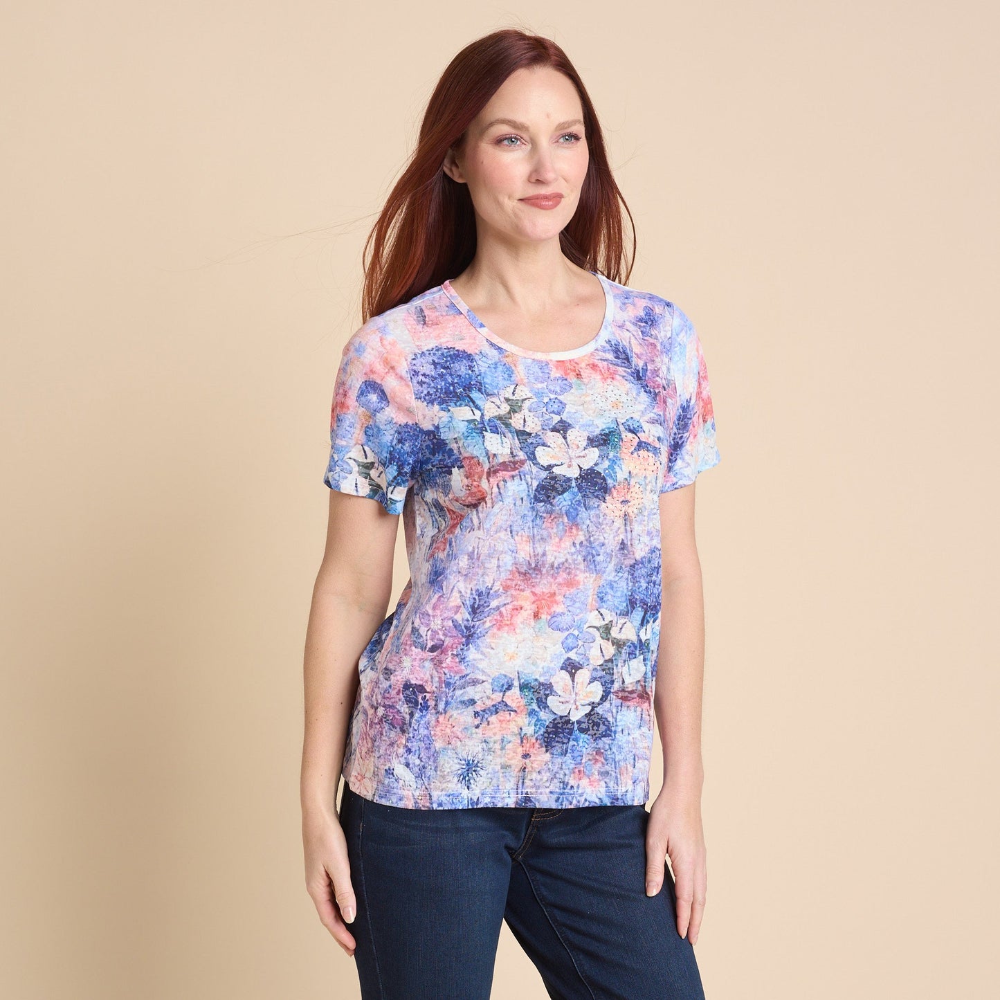Christopher & Banks Women's Floral Printed Embellished Burnout Short Sleeve Tee