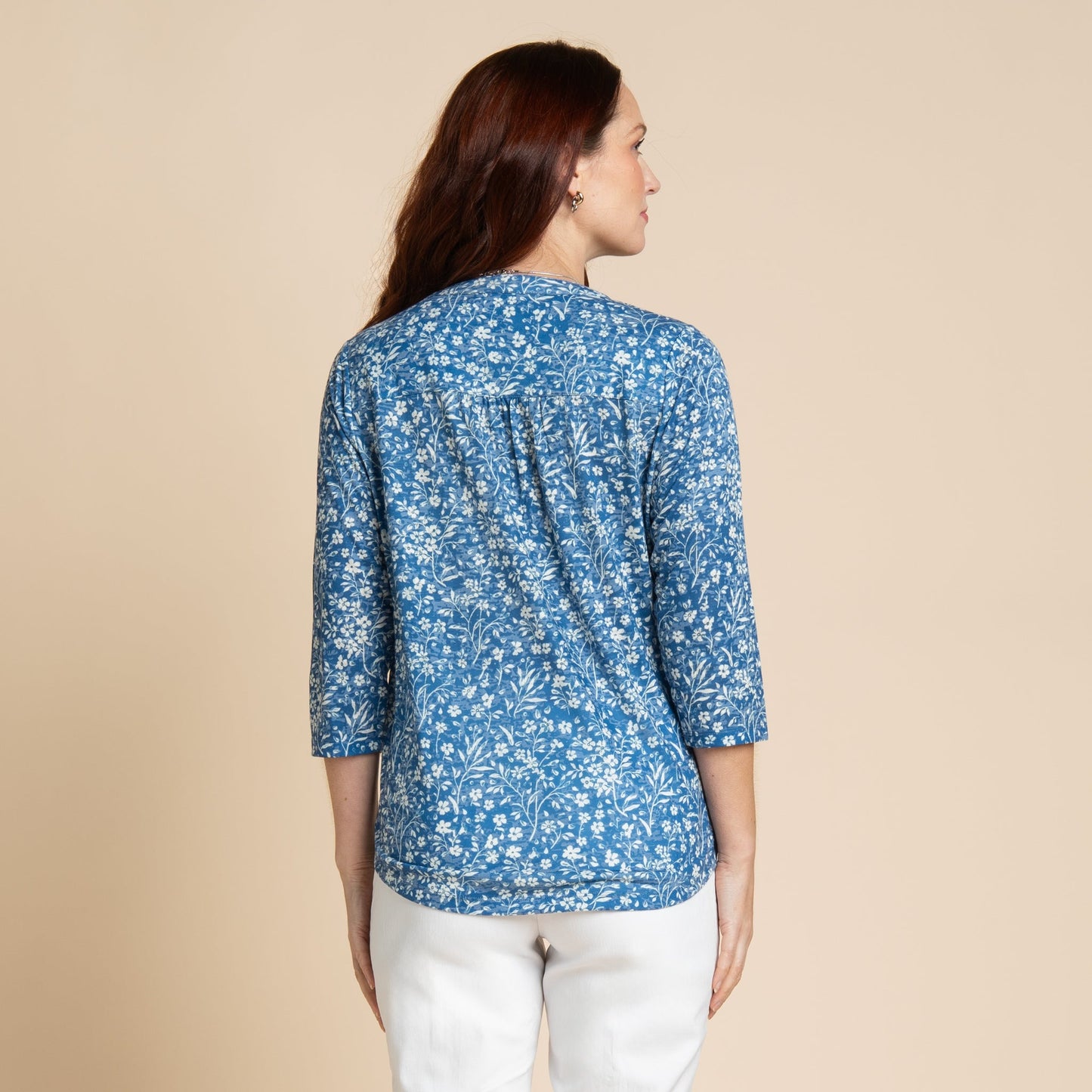 Christopher & Banks Women's Embellished Ditsy Floral Print 3/4 Sleeve Burnout Tee