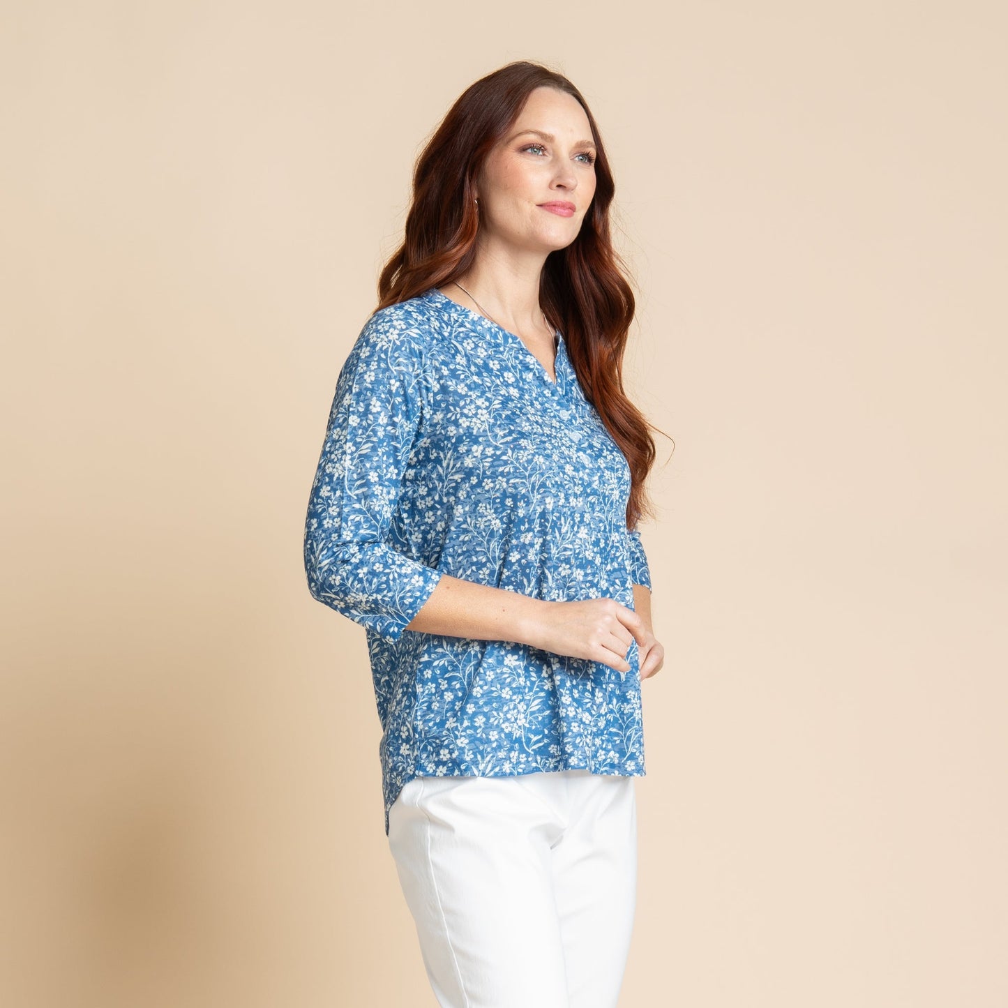 Christopher & Banks Women's Embellished Ditsy Floral Print 3/4 Sleeve Burnout Tee