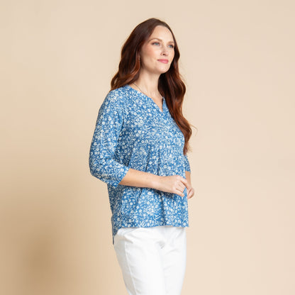 Christopher & Banks Women's Embellished Ditsy Floral Print 3/4 Sleeve Burnout Tee