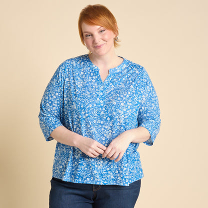 Christopher & Banks Women's Embellished Ditsy Floral Print 3/4 Sleeve Burnout Tee