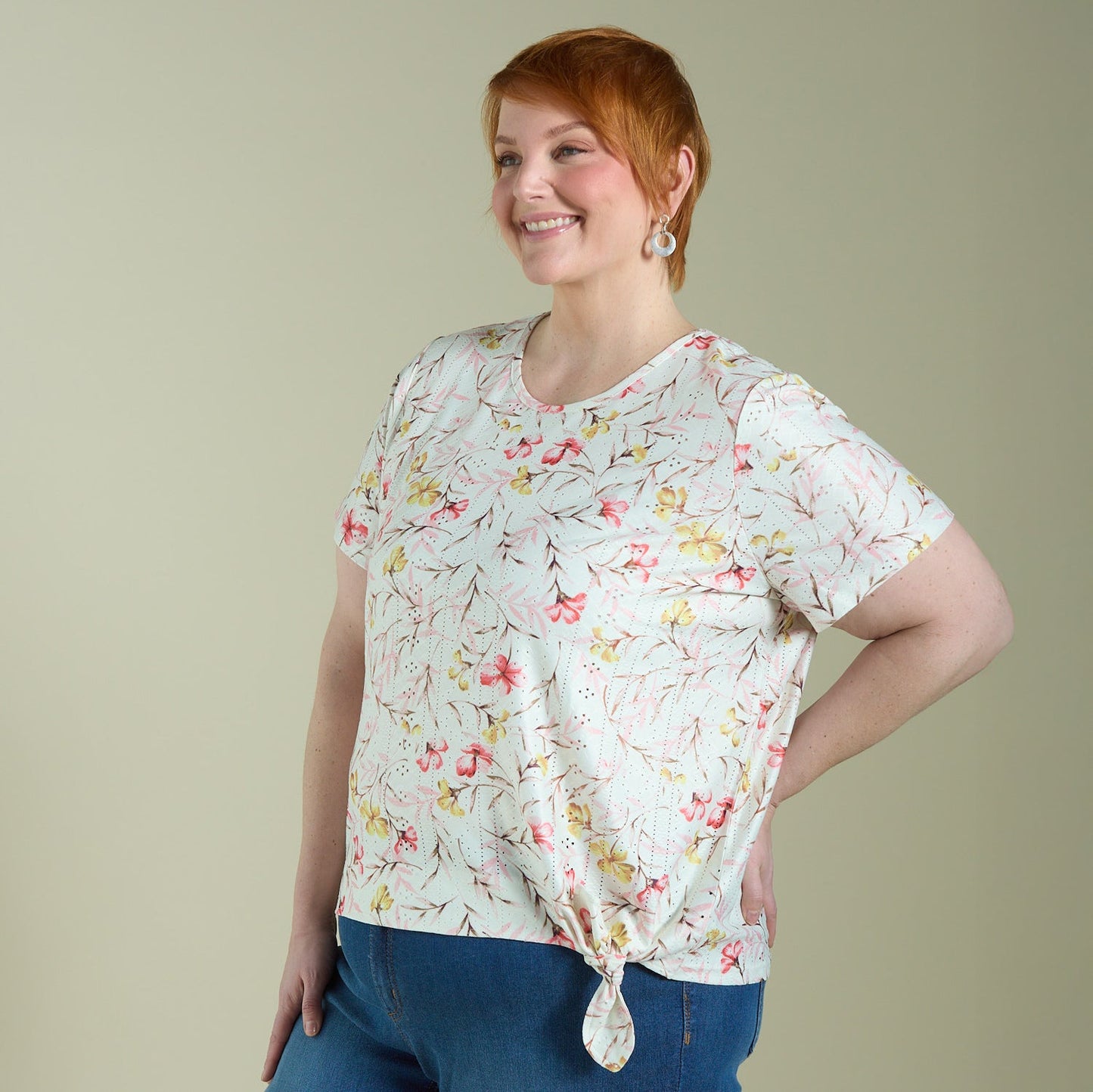 Christopher & Banks Women's Floral Print Tie Front Eyelet Knit Top