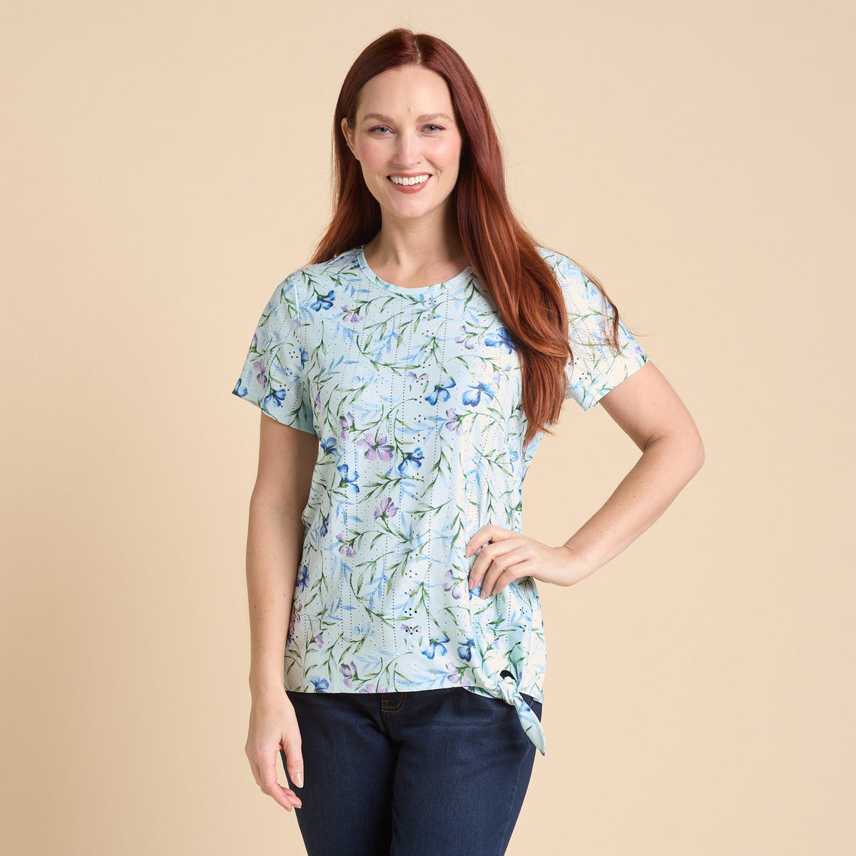 Christopher & Banks Women's Floral Print Tie Front Eyelet Knit Top