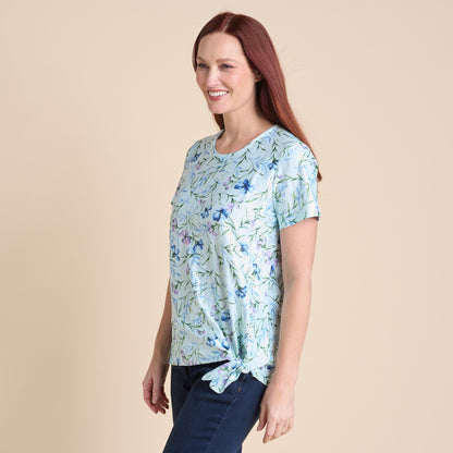 Christopher & Banks Women's Floral Print Tie Front Eyelet Knit Top