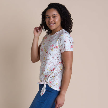 Christopher & Banks Women's Floral Print Tie Front Eyelet Knit Top