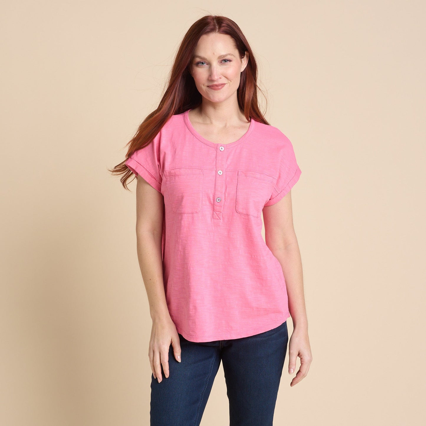 Christopher & Banks Women's Dropped Shoulder Short Sleeve Henley Tee