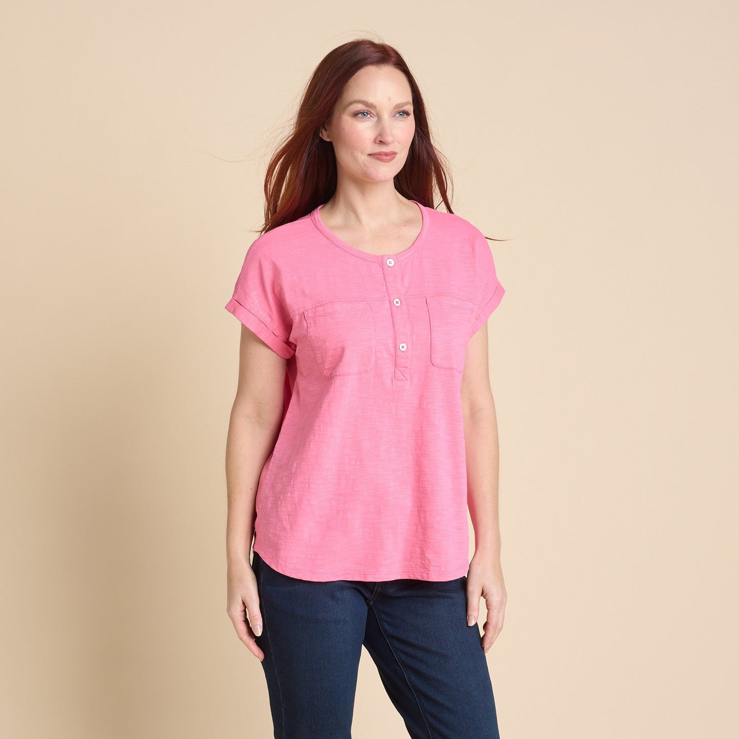 Christopher & Banks Women's Dropped Shoulder Short Sleeve Henley Tee