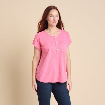 Christopher & Banks Women's Dropped Shoulder Short Sleeve Henley Tee