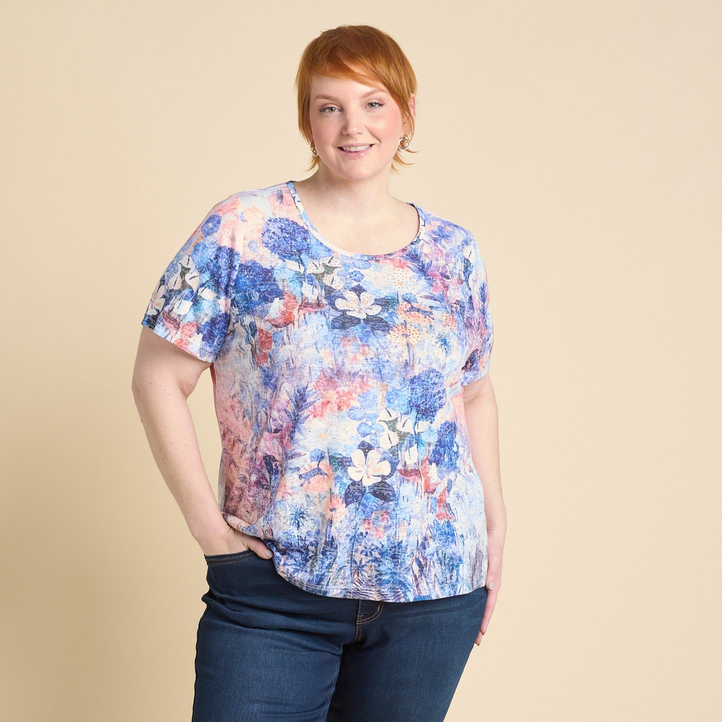 Christopher & Banks Women's Floral Printed Embellished Burnout Short Sleeve Tee