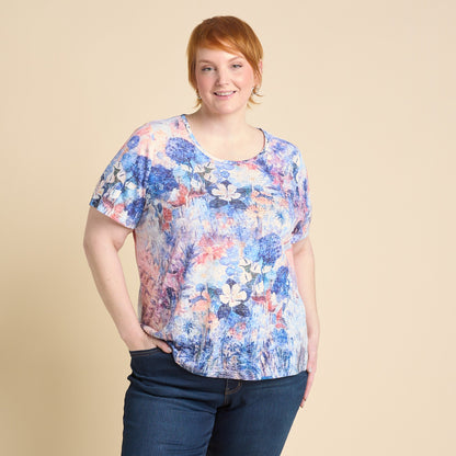 Christopher & Banks Women's Floral Printed Embellished Burnout Short Sleeve Tee