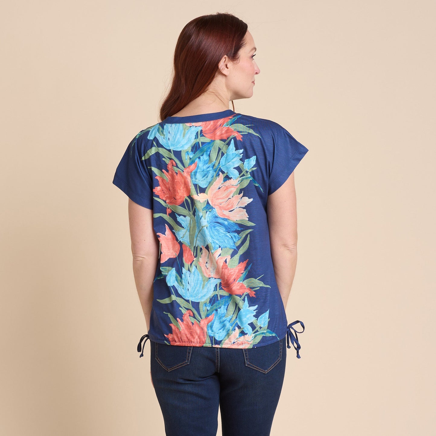 Christopher & Banks Women's Lily Print Adjustable Side Tie Dolman Sleeve Tee