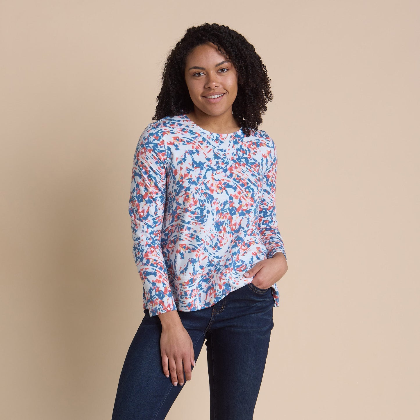 Christopher & Banks Women's Relaxed Restyled Abstract Print Wide Hem Long Sleeve Top