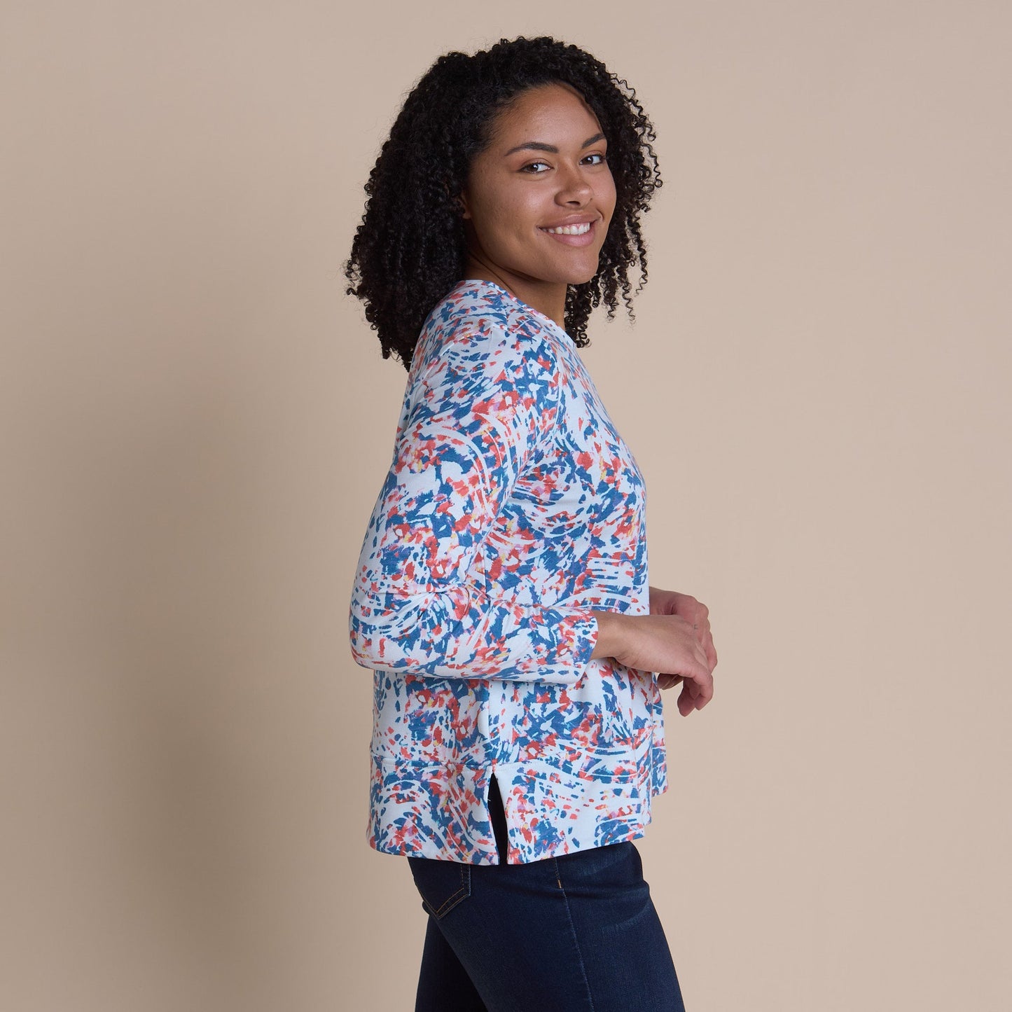 Christopher & Banks Women's Relaxed Restyled Abstract Print Wide Hem Long Sleeve Top