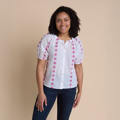 Christopher & Banks Women's Floral Clip Dot Button Front Peasant Top