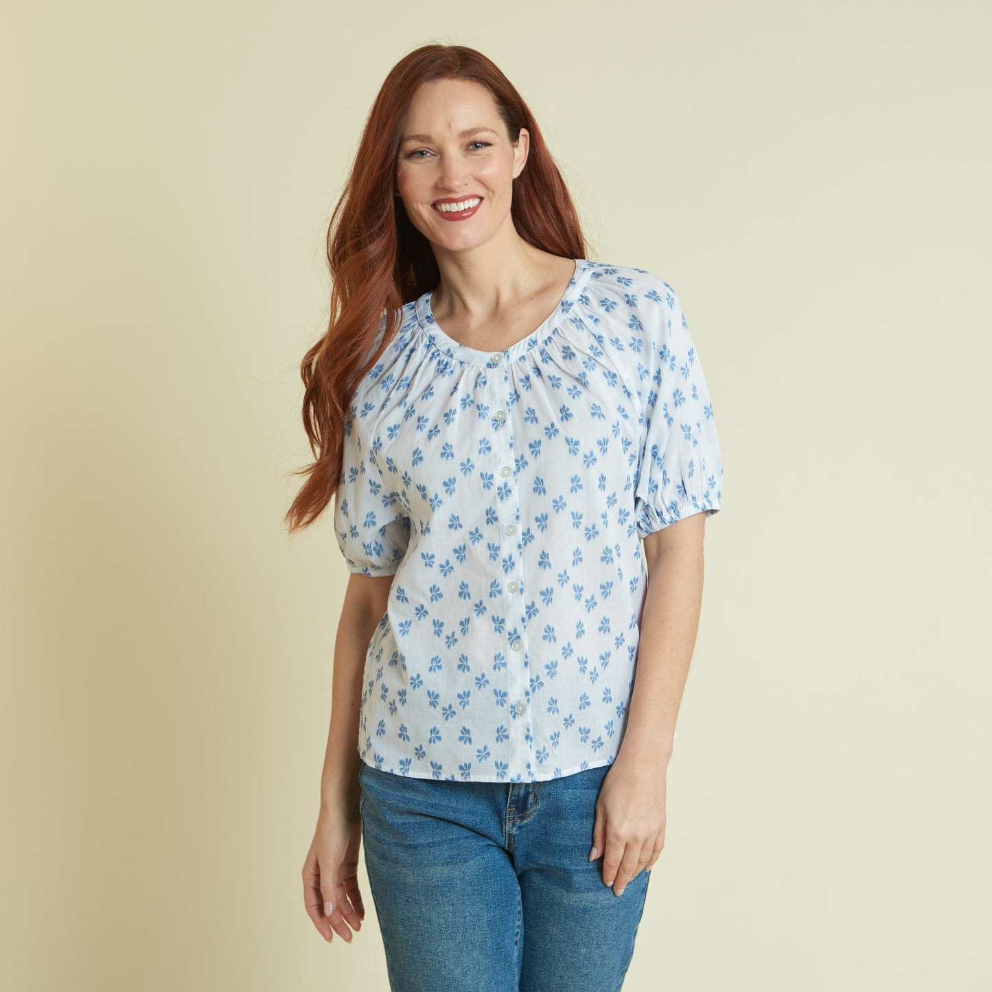 Christopher & Banks Women's Floral Clip Dot Button Front Peasant Top