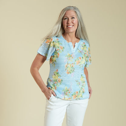 Christopher & Banks Women's Lemon Branch Floral Print Notch Neck Lace Top