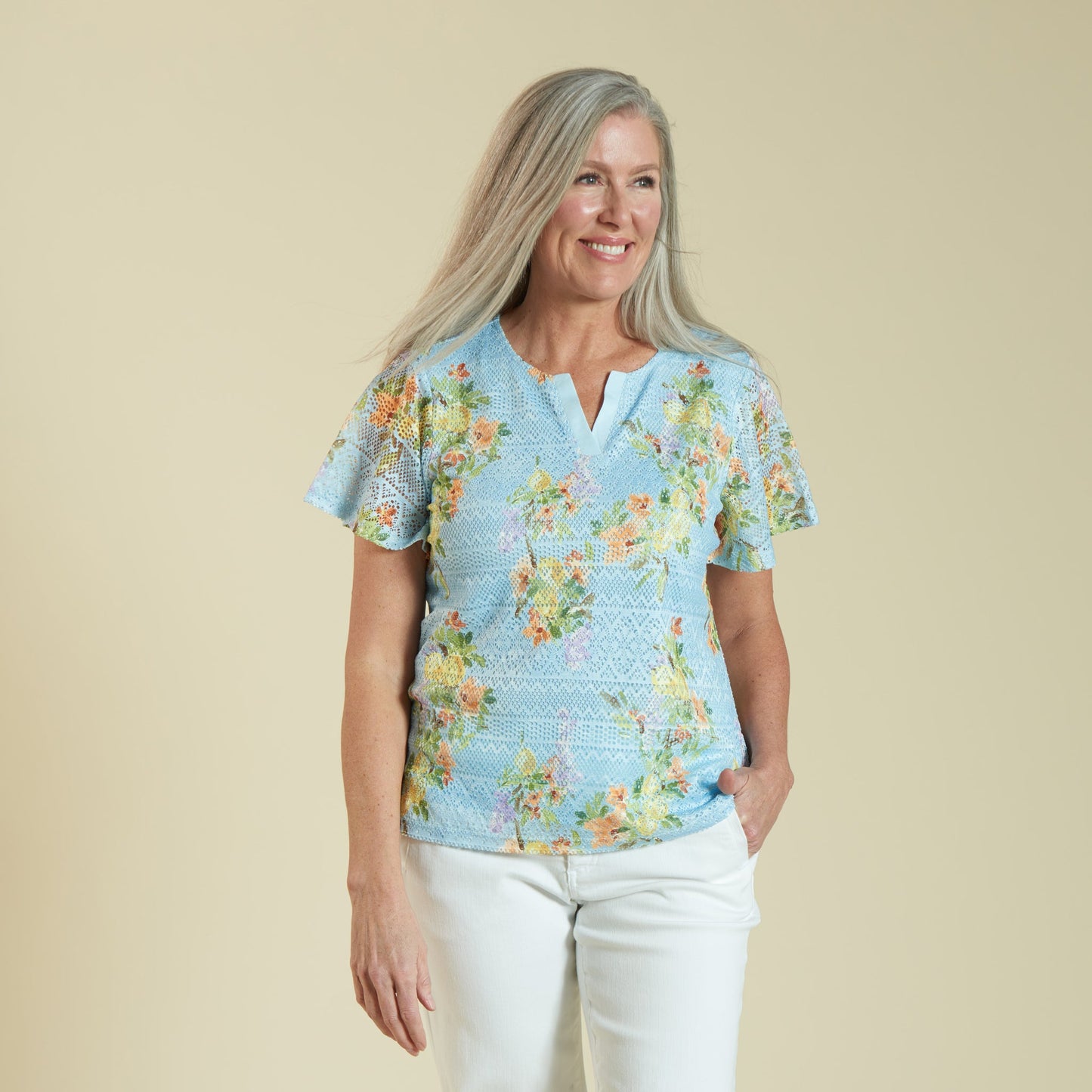 Christopher & Banks Women's Lemon Branch Floral Print Notch Neck Lace Top